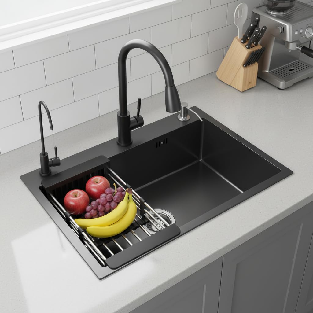 Fregadero de cocina Gris oscuro, 304 de acero inoxidable, 80 x 50 cm, para empotrar con grifo, dispensador de jabón, grifo de agua potable (80 x 50 cm)