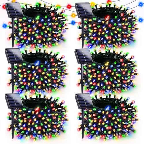 6 Pack Solar Christmas Lights Outdoor, 600 LED 198 FT Solar Powered String Lights Waterproof with Green Wire 8 Lighting Modes, Twinkle Light for Xmas Tree Party Yard Garden Decor, Multicolored