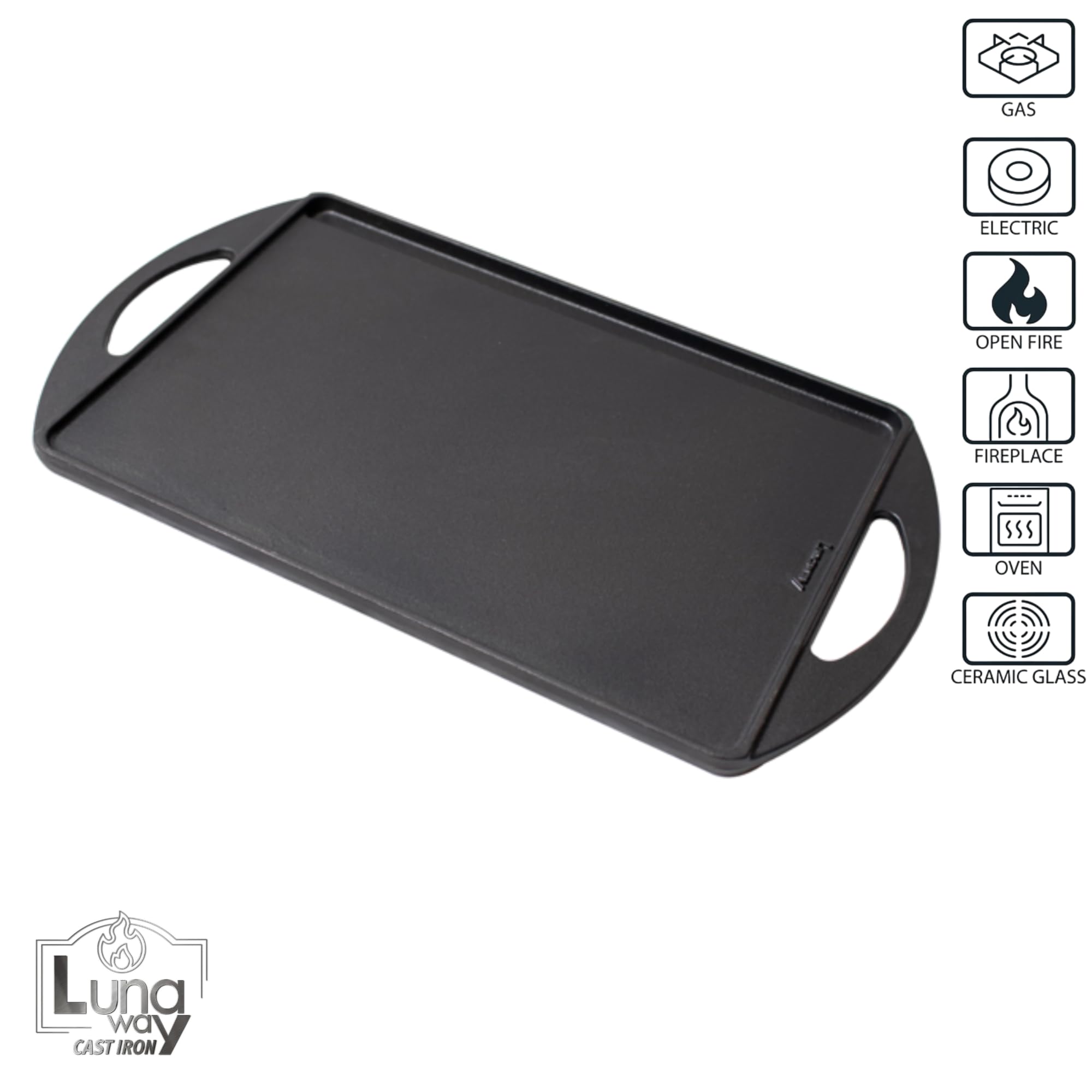 Griglia Piastra 55 x 30 cm REVERSIBILE 2 in 1 - Bistecchiera in Ghisa Smaltata | Doppia Superficie Liscia Ondulata | Antiaderente doppia smaltatura | Adatta a Fuoco Aperto Fornelli BBQ