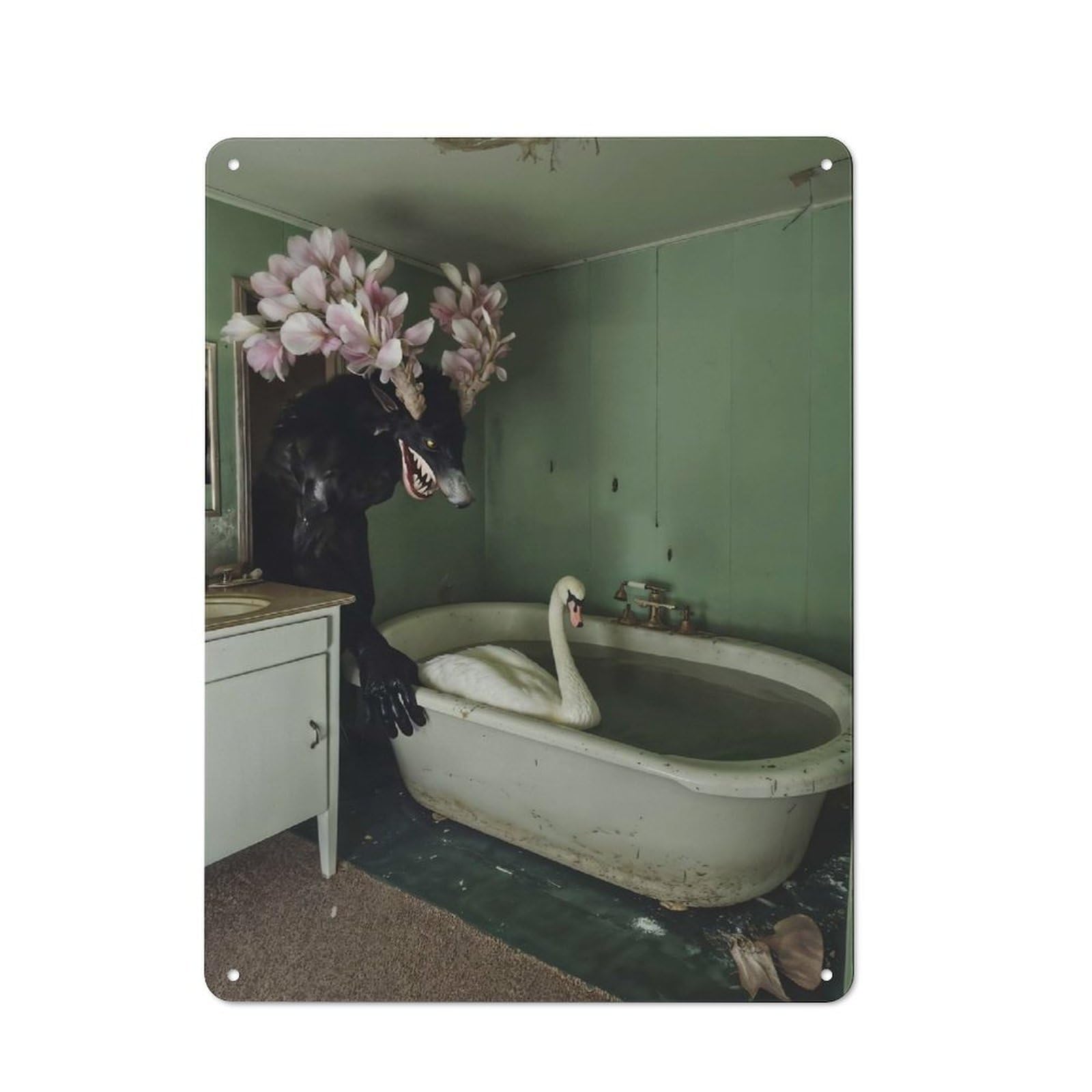 Junmoney Style-22 Modern Retro Wolf And Swan In Bathroom Metal Wall Art Sign 40X30cm, Studio Wall Art For Modern Home, Workshop, Office Or Cafe