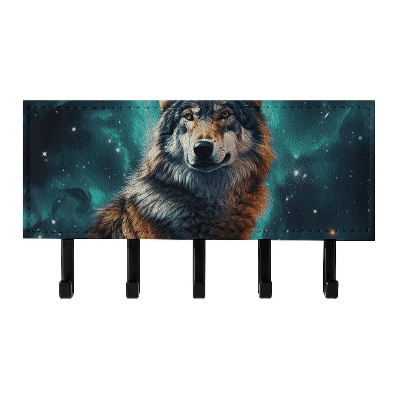 Fekiloot Black Wolf Under The Starry Sky Key Holder For Wall Adhesive, No Drilling, Key Hooks With 5 Hooks Wall Mounted, Self Adhesive Keys Rack For Entryway, Hallway, Living Room, Kitchen, Office
