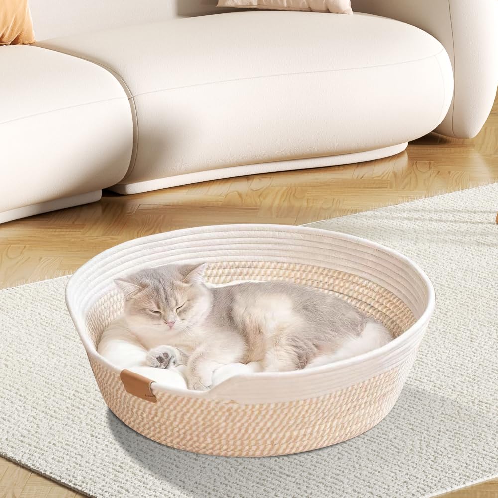 Lit pour Chat avec Coussin, 48 cm Panier pour Chat en Cordes de Coton Tressé, pour Tous Les Chats, Toutes Saisons, Universel