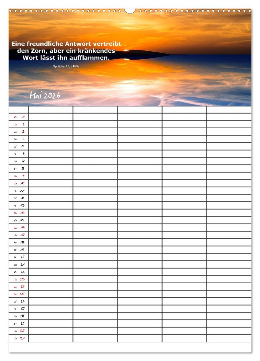 ein Planer mit biblischer Weisheit aus den Sprüchen Salomos (Wandkalender 2026 DIN A2 hoch), CALVENDO Monatskalender: Planer für Kirche, Familie und Firma mit Bibelsprüchen (CALVENDO Glaube)