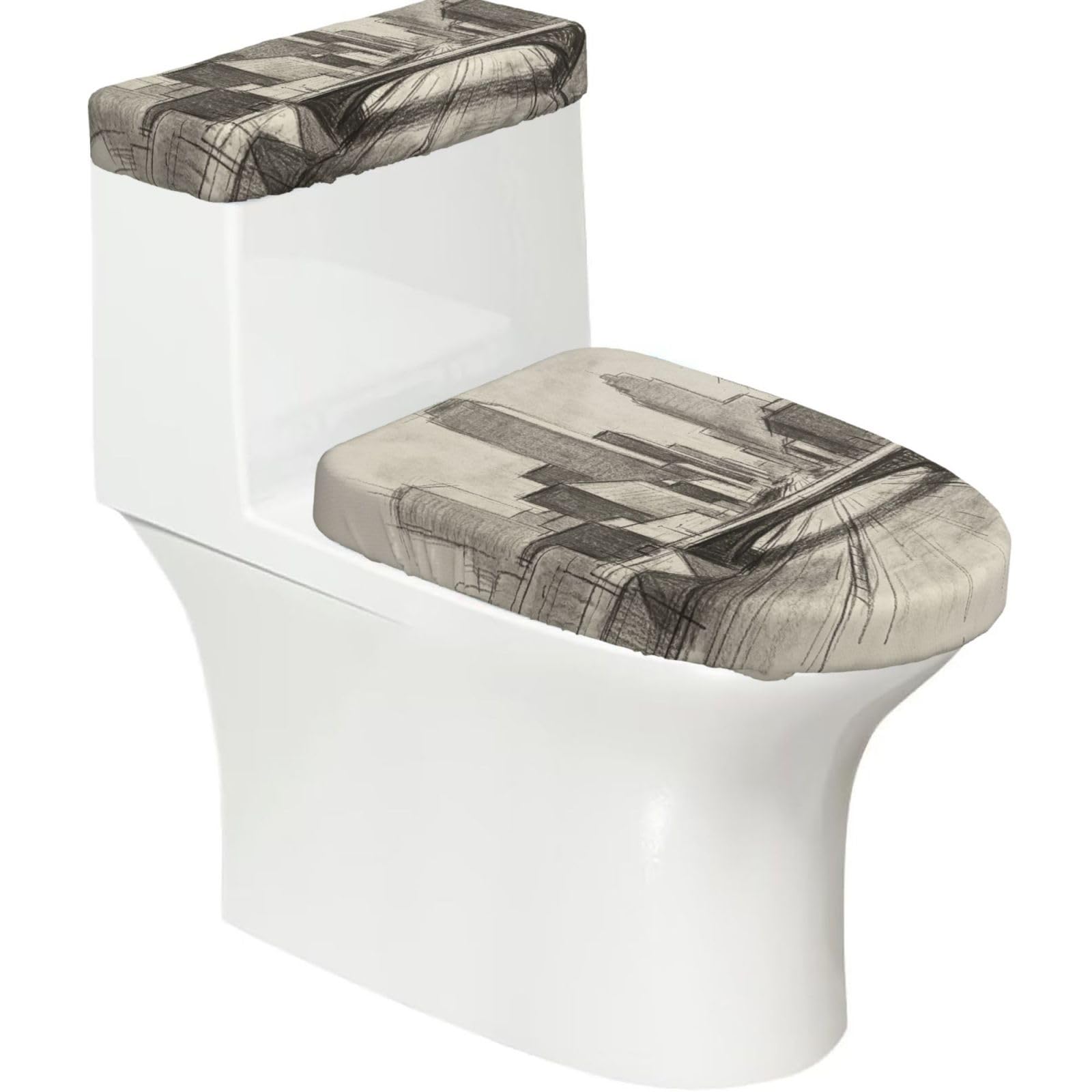 Pencil Sketch Art Elastic Toilet Cover Set of 2-Stretchy Lid and Tank Covers for Bathroom, Soft Washable U Shape Toilet Decor