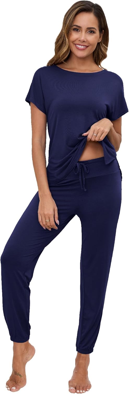 WiWi Womens Pajama Sets Short Sleeve Sleepwear Top and Jogger Pants Pjs 2 Piece Lounge Sets Viscose from Bamboo S-XXL