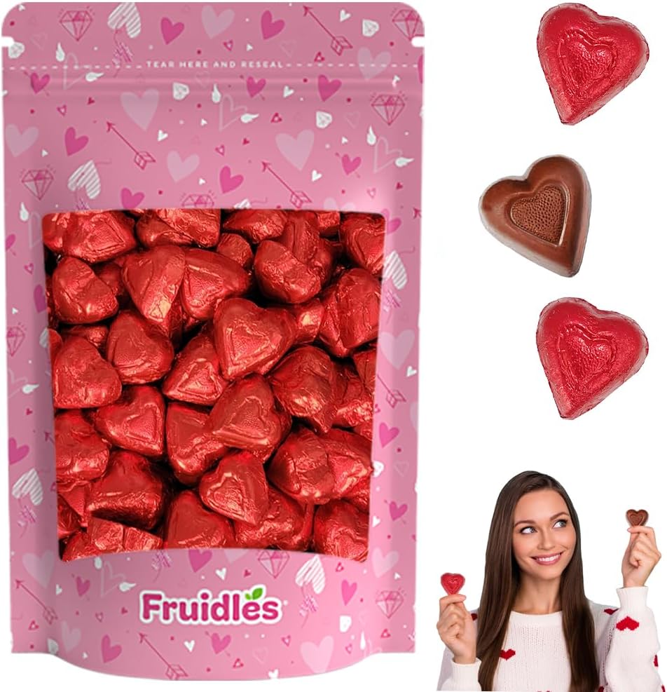 Valentine's Day Milk Chocolate Hearts, Party Bag Fillers, Red Individually Wrapped Foils, Kosher Certified (Half-Pound)