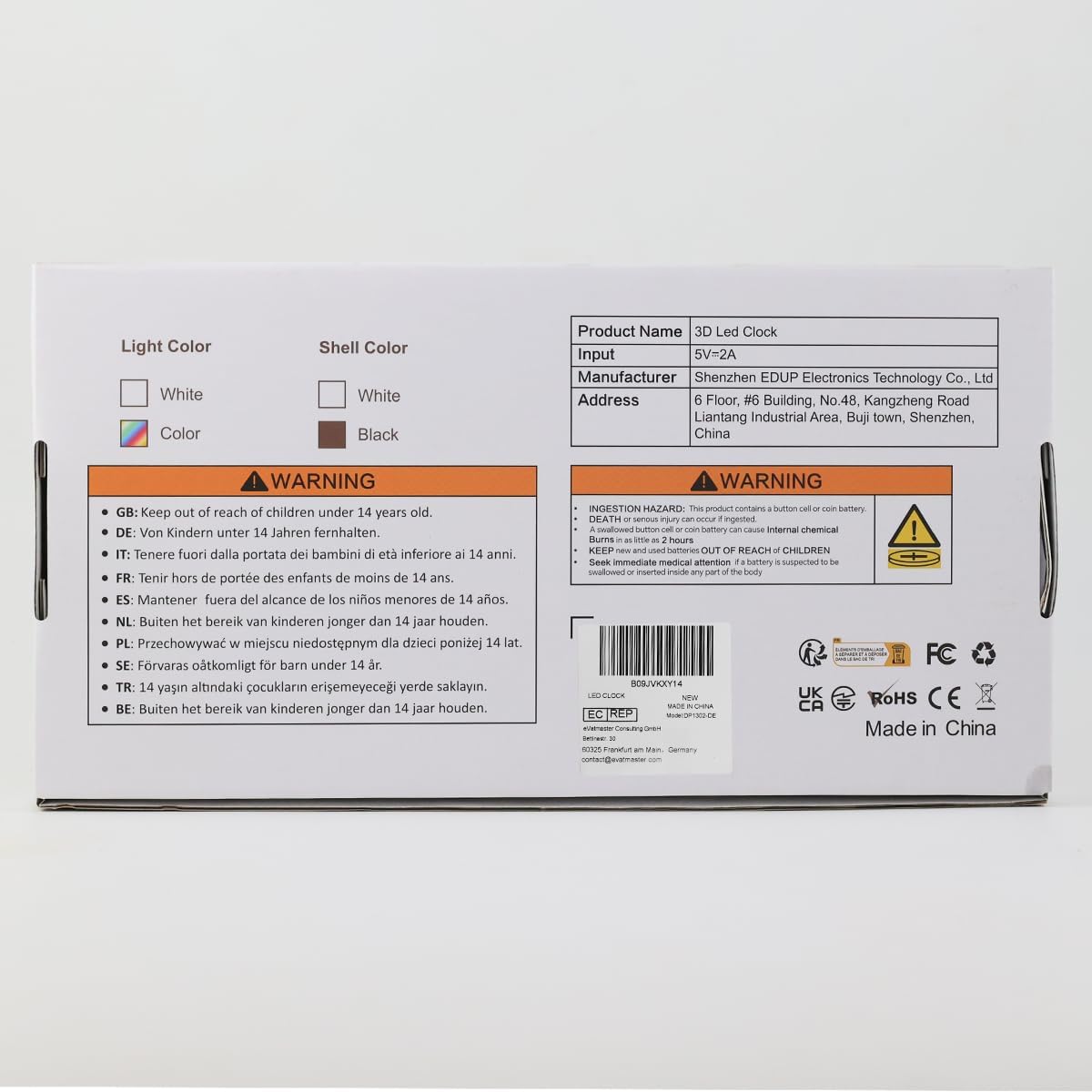 Deeyaple 3D LED Digital Alarm Clock box showing wall mount and stand options