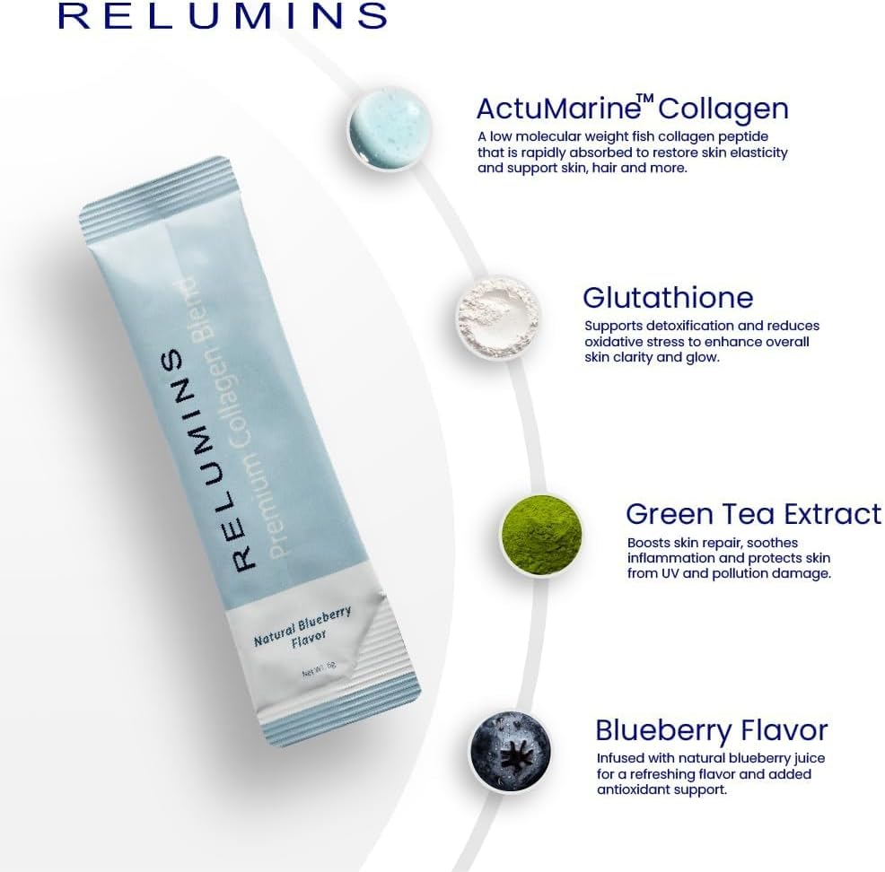 Relumins Premium Collagen & Gluta-1000 Bundle - 10 Sachets of Marine Collagen (Blueberry Flavor) + 60 Vegetarian Capsules - Supports Skin Care & Wellness