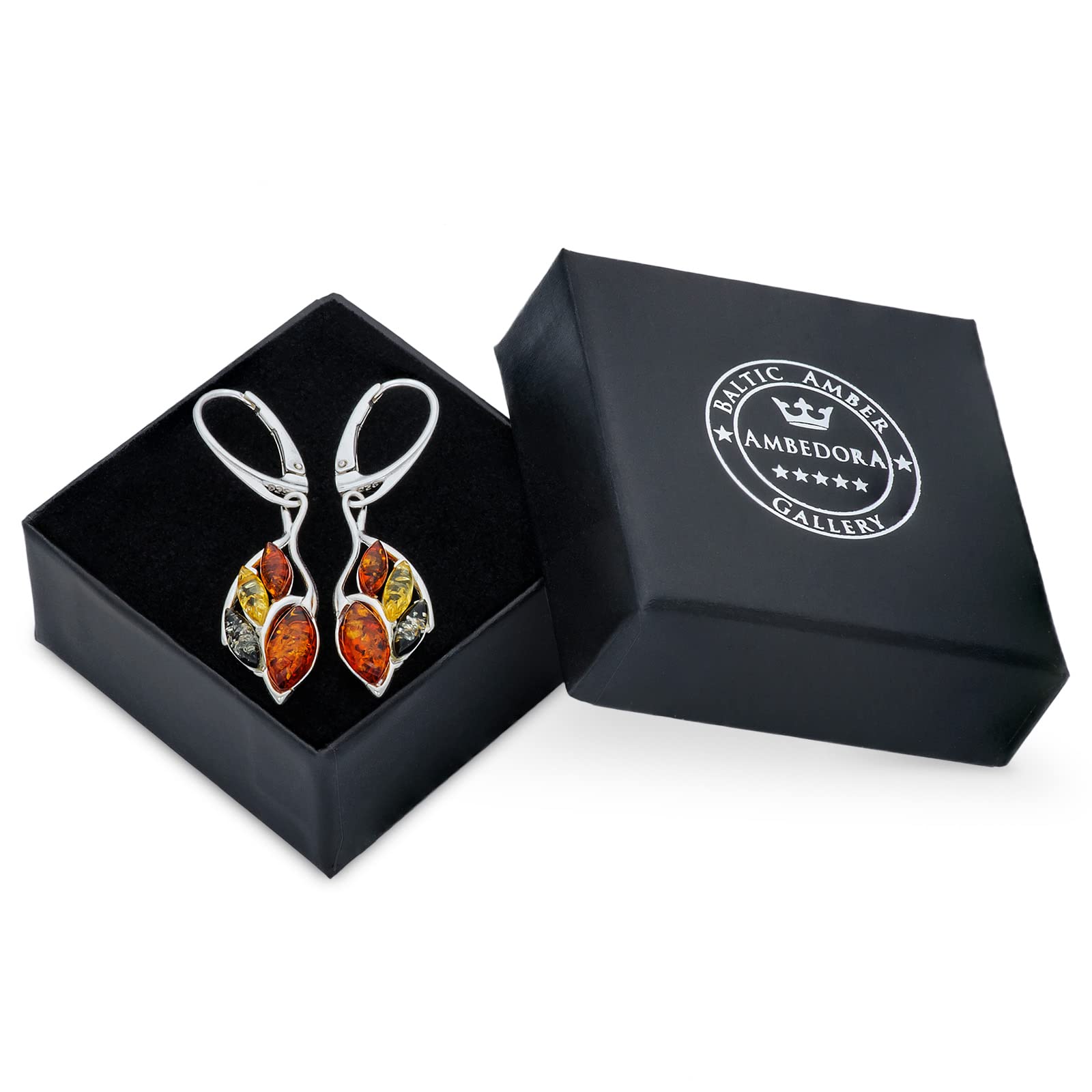 Orecchini da donna in argento sterling Sabine con ambra, argento sterling lucido, ambra baltica, colore cognac, verde, limone