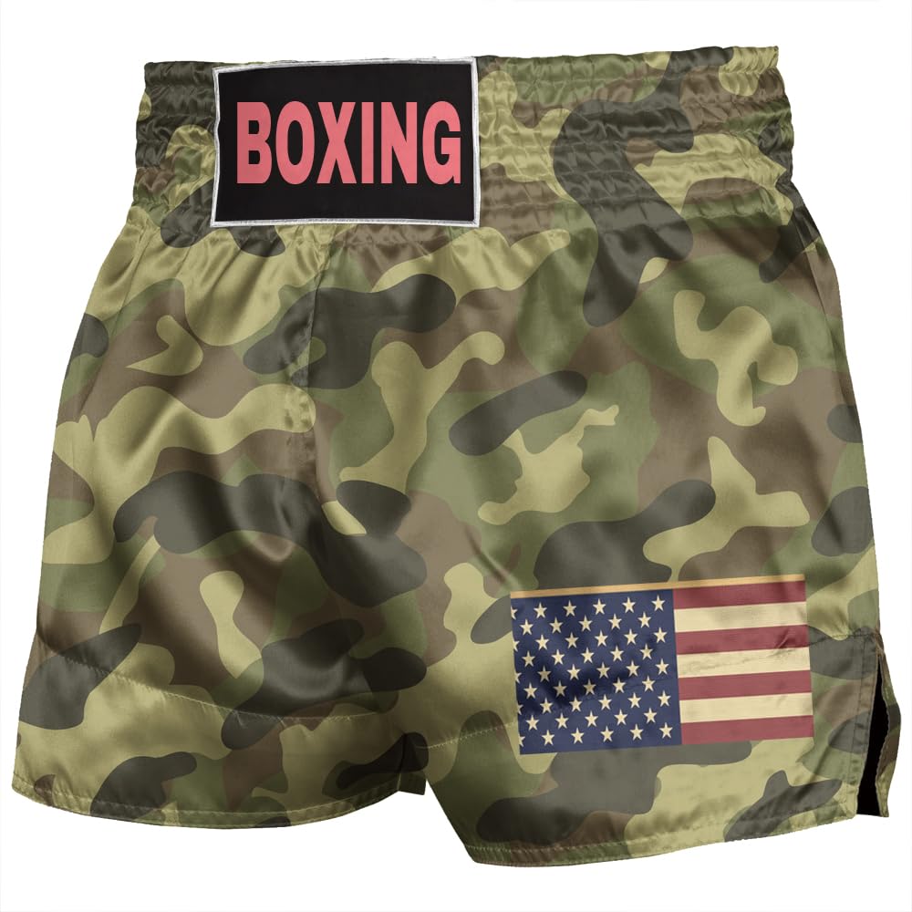 Camo Muay Thai Shorts - Breathable and Lightweight American Flag Workout Trunk for Boxing, BJJ - Unisex Boxing Shorts Styles