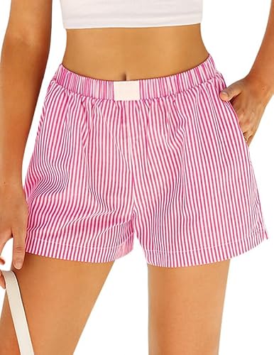 Marvmys Womens Y2k Boxer Shorts Cotton Striped Shorts Pink Striped L