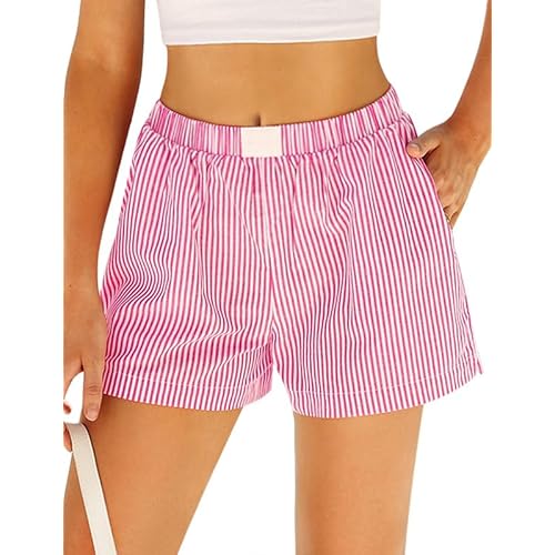 Marvmys Womens Boxer Shorts Cotton Plaid Gingham Shorts Summer Elastic Waist Pajama Buttoms with Pockets Small Pink Stripe