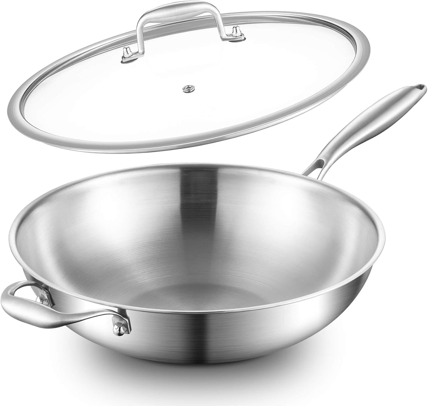 DELARLOCHEF Edelstahl Wokpfannen: Unbeschichtet Pfanne Deckel,752°F(400℃) Backofensicher,Induktion, Gasherd,Hoher Rand,Abnehmbare Griff