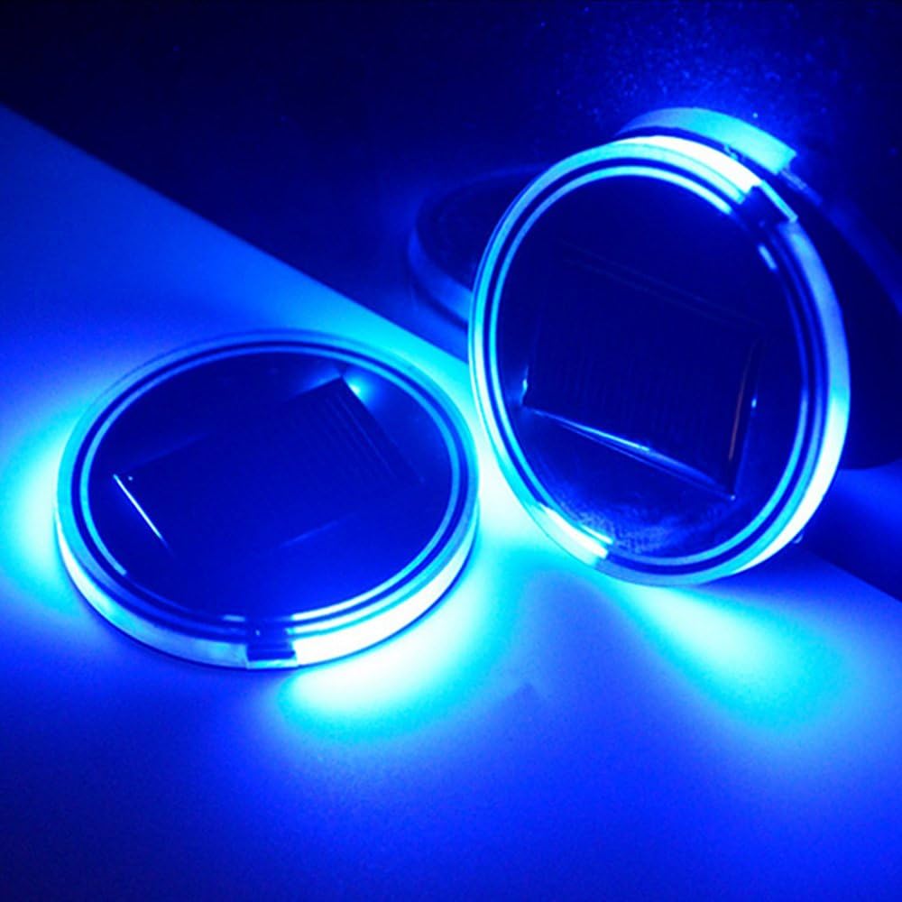 2-Pack LED Cup Holder Lights, 2.7-Inch Solar-Powered LED Light Cover Cup Holder Bottom Pad Cover Light Car Interior Decoration Universal Trimmed for Sedan, SUV, Truck, Camper