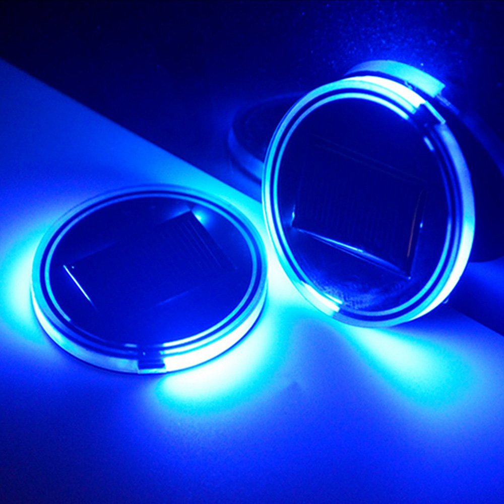2-Pack LED Cup Holder Lights, 2.7-Inch Solar-Powered LED Light Cover Cup Holder Bottom Pad Cover Light Car Interior Decoration Universal Trimmed for Sedan, SUV, Truck, Camper
