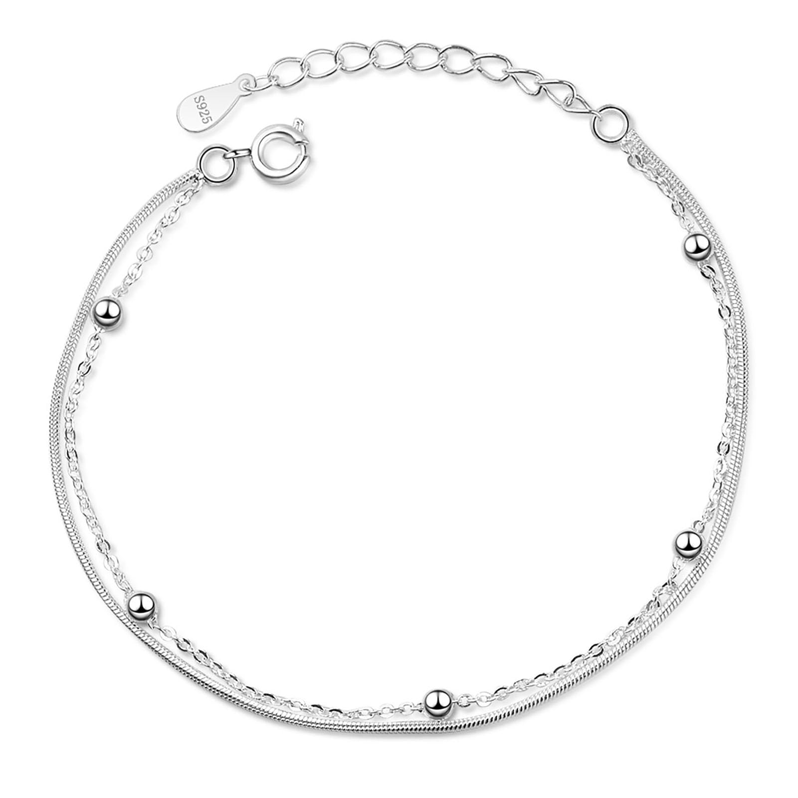 Hmzidz Pulseras Plata de Ley 925 Mujer,Fina Brazalete de Doble Capa de Cuentas,Pulsera Cadena de Plata Bolitas Pequeñas,Pulsera de Eslabones para Niña,Bisuteria Pulseras para Mejores Amigas(16cm+3cm)