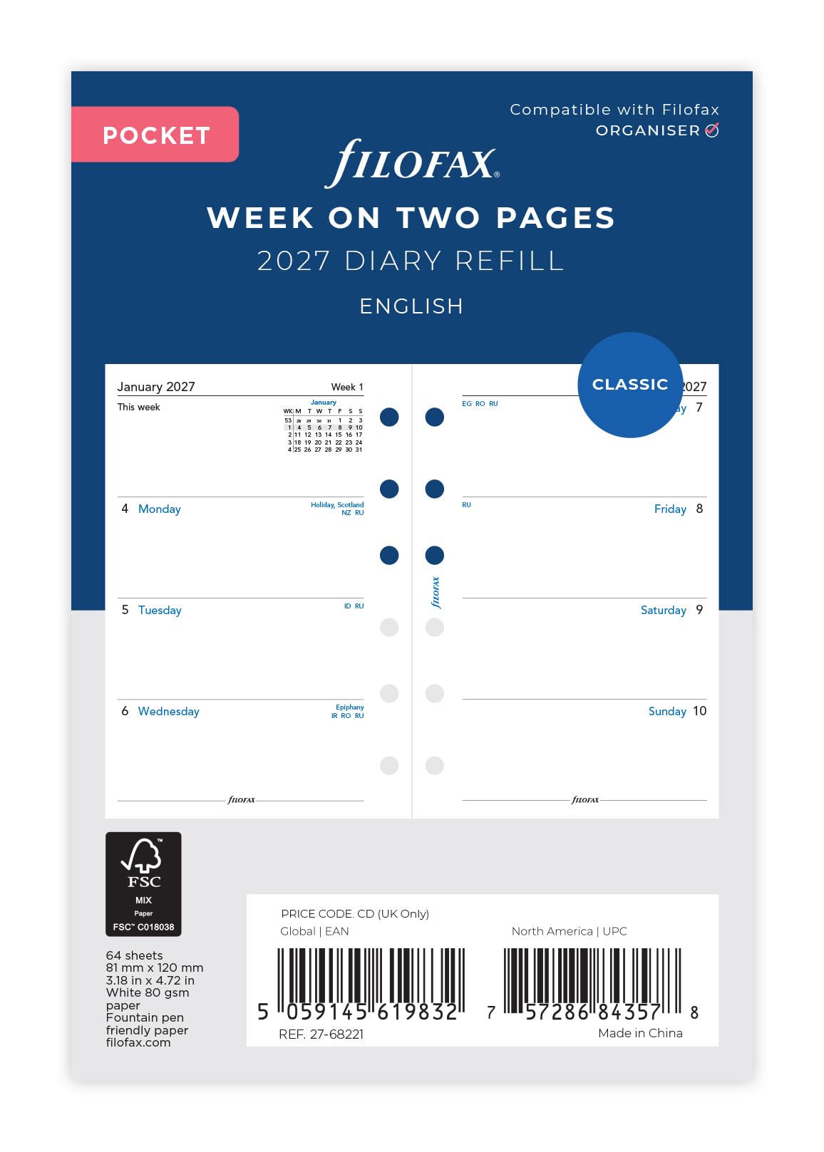Filofax Pocket Week on two pages English 2027 diary 27-68221
