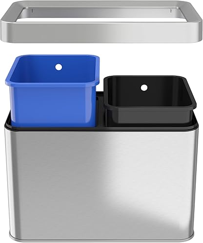 Miniatura 4 de iTouchless Bote con cubo de basura y cubo de reciclaje extraíbles, delgado, acero inoxidable, doble compartimiento y parte superior abierta, 5.3