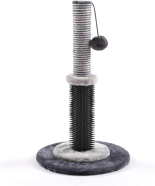 Nostjoy Cat Scratching Post, 30 x 30 x 53 cm, Natural Sisal Rope Scratching Posts for Indoor Kitten with Hanging Toys and Self Groomer - (Grey, Round Base)