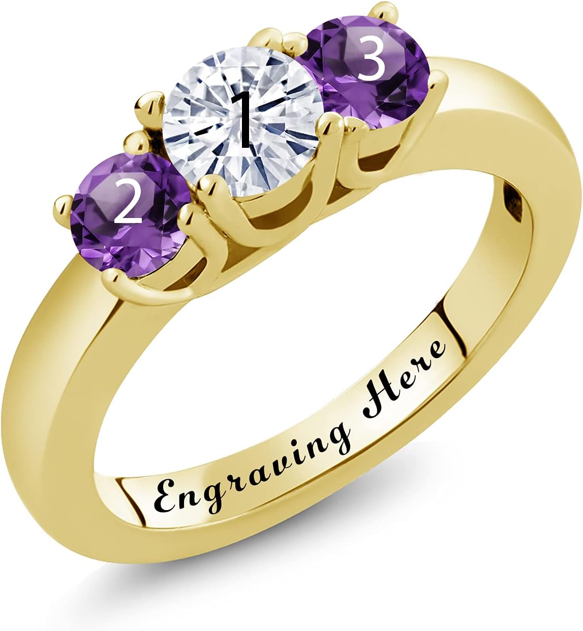 Gem Stone King Customized Personalized Engraved 3-Stone Ring for Women | 5MM and 4MM Gemstone Birthstone | 18K Yellow Gold Plated Silver | 3 Stone Wedding Anniversary Promise Ring