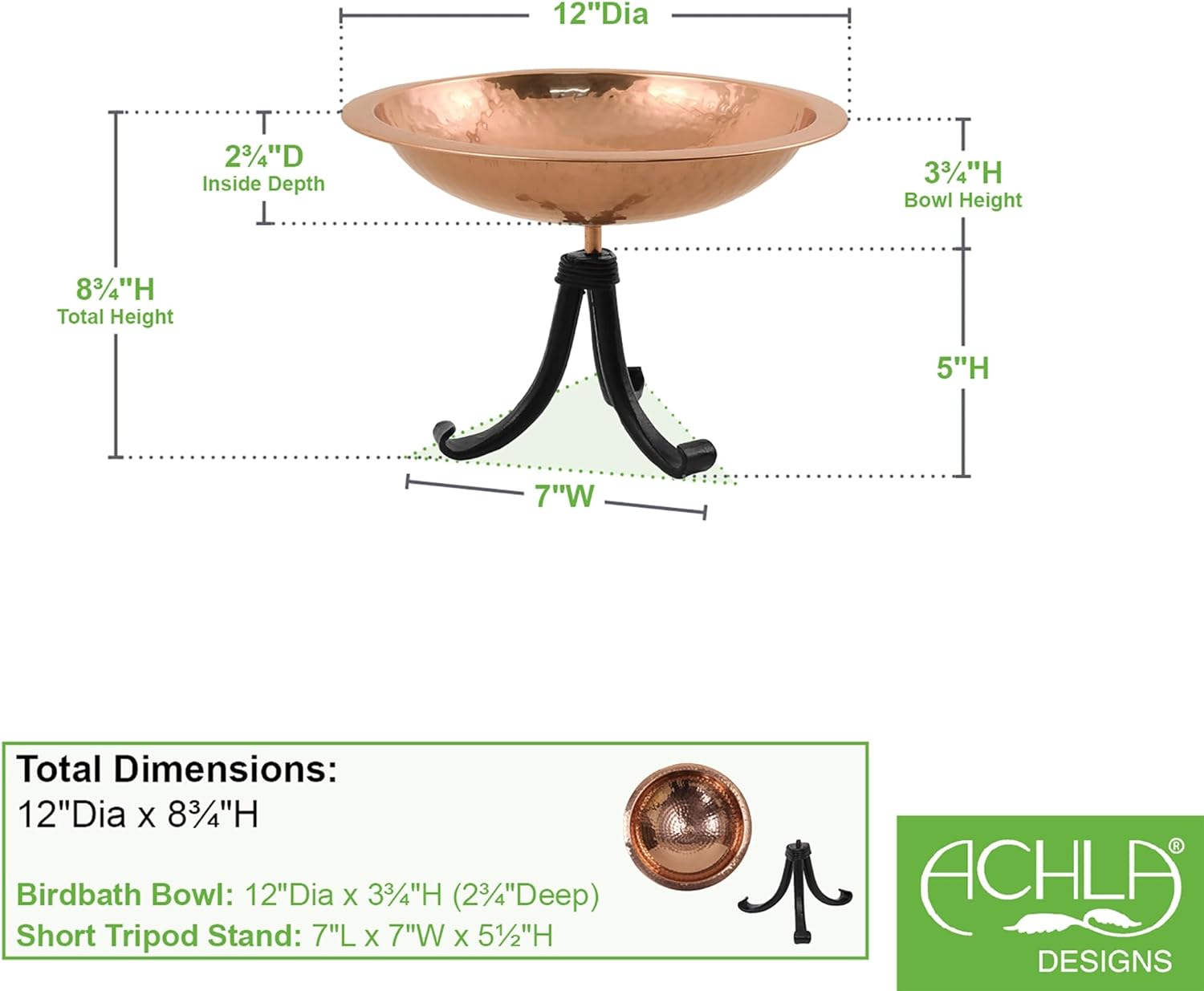 Hammered Copper Birdbath w/Rim- Tripod Stand