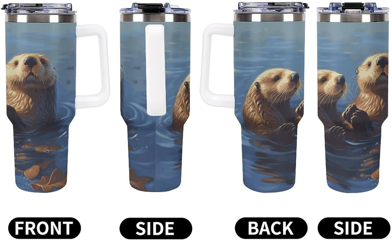 Sea Otters Painting Tumbler 40 Oz with Handle&Lid Large Car Cup Stainless Steel Vacuum Travel Mug Insulated Water Bottle Leak-proof Portable Coffee Cup for Home Car Outdoor