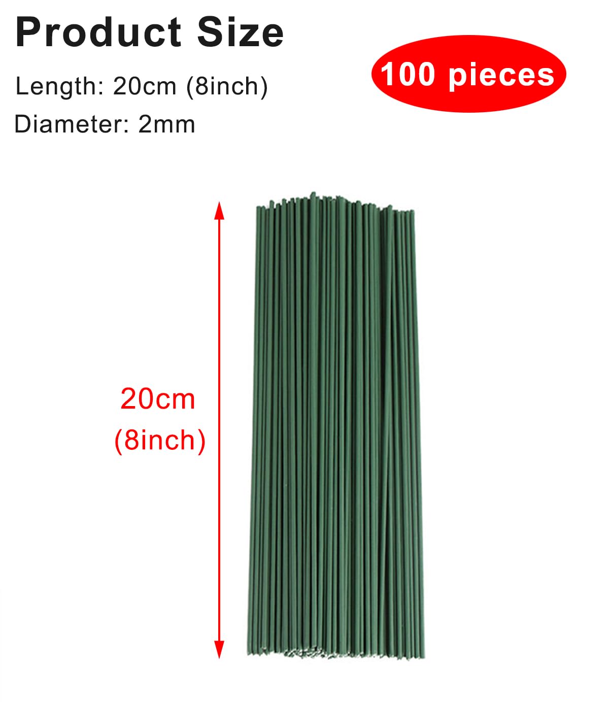 100 Pieces 2 Gauge Green Floral Stems Wire 2 mm Diameter 8 inch/20 cm Artificial Flower Stems Rods for Paper Flower Arrangements Bouquet Florist Stub Wire Crafts DIY Wreath Making Supplies