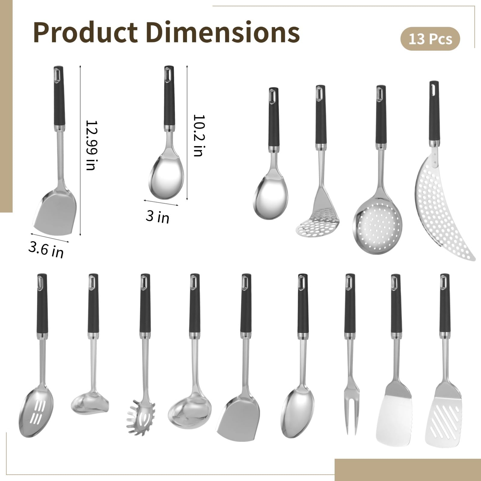 13-teiliges Kochutensilien-Set aus Edelstahl, hitzebeständige Griffe, spiegelpoliert, spülmaschinengeeignet, mit Schlitzspatel, Kelle, Schaumlöffel, Löffel und Gabel für die Küche