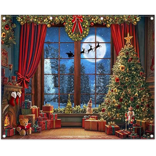 Luminora 10x8ft Winter Christmas Window Backdrop Christmas Trees Snow Forest Santa Claus Red Curtains Background Kids Family Decorations Party Photo Banner