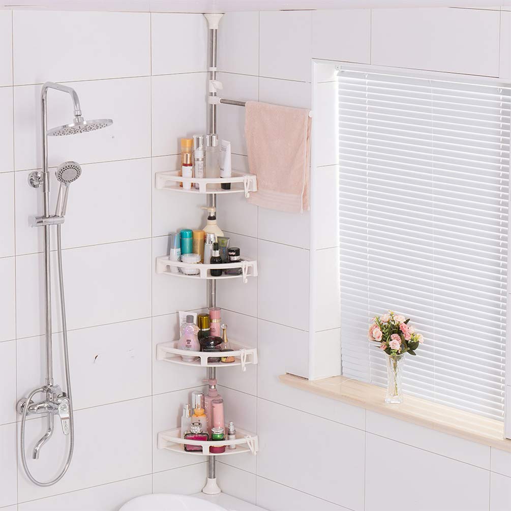 Hershii Estante organizador de ducha esquinero para baño con 4 cestas grandes y barra de toallas, color marfil