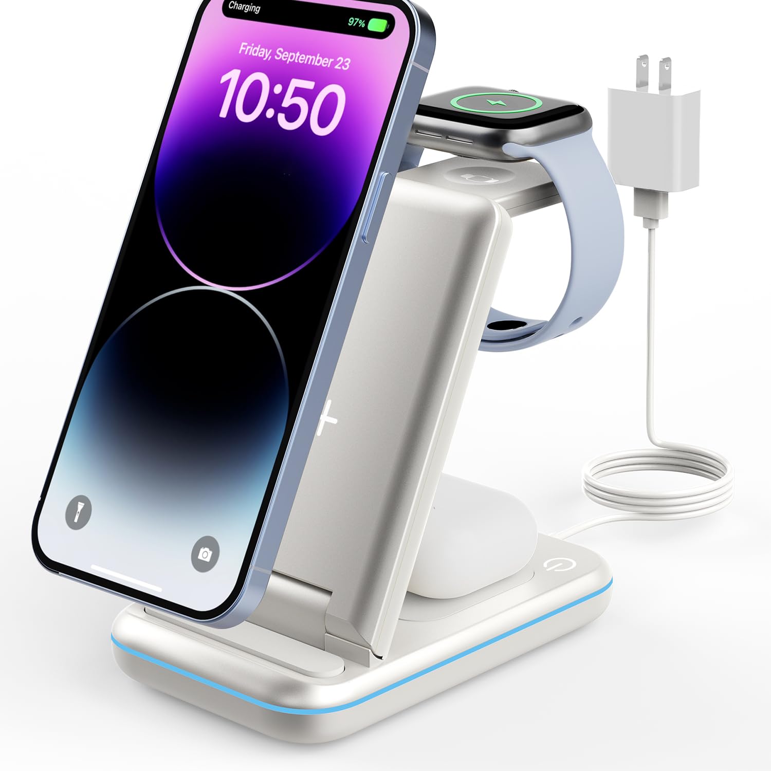 Wireless Charging Station: GEEKERA 3 in 1 Foldable Wireless Charger Stand for iPhone 17 16 15 14 13 12 11 Pro Max/X/8, Charging Station for Apple Watch Ultra/11/10/9/SE/8/7/6/5/4/2, AirPods 2/3/ProGlobal Recycled StandardGlobal Recycled StandardGlobal Recycled Standard