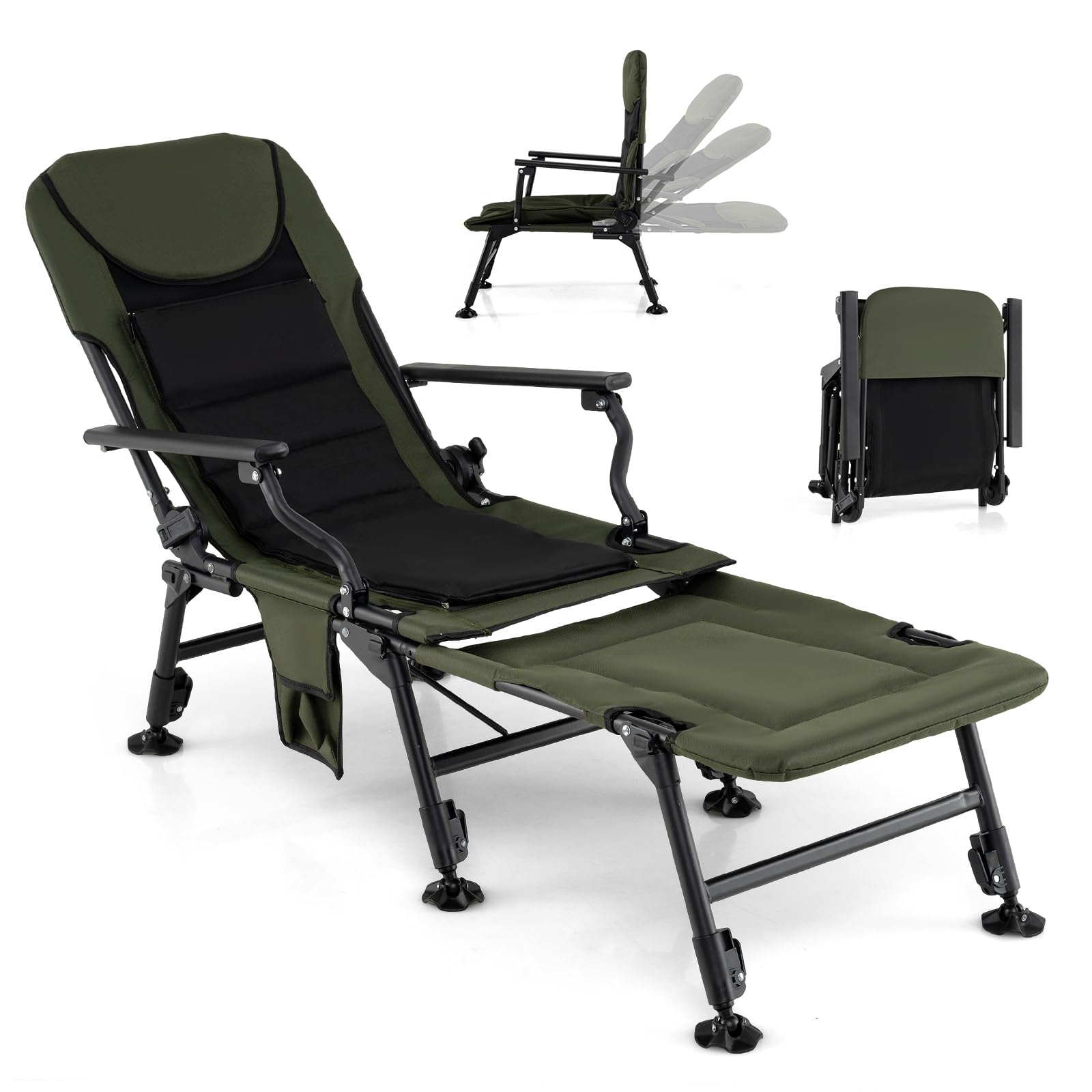 GIANTEX Silla de Pesca Plegable, Tumbona Acolchada con Respaldo Ajustable hasta 180° y Patas Elevables, Carga hasta 150 kg, Silla Portátil para Camping, Jardín