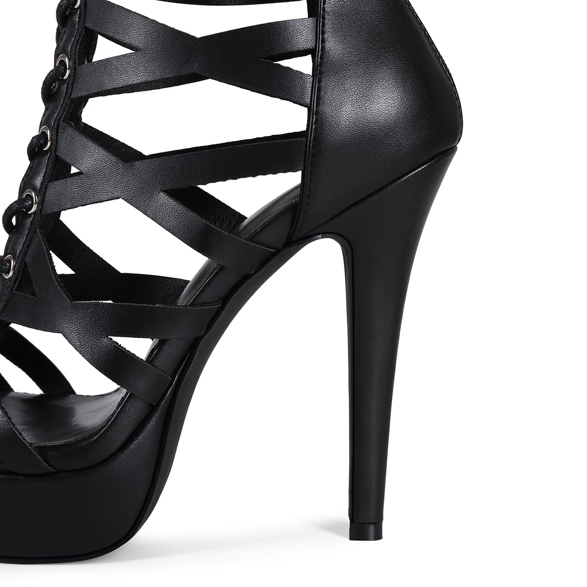Feinlina Bottes à talons hauts pour femmes, noires, lacées, découpes, à bout ouvert, talons aiguilles, pour les fêtes et les mariages