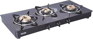 Glen Gas Stove 3 Burner Toughened Glass Top LPG Gas Stoves with Fuel Efficient Brass Burners ISI Certified Fixed Stainless Steel Drip Trays 1033 GT BB BL AI (Auto Ignition)