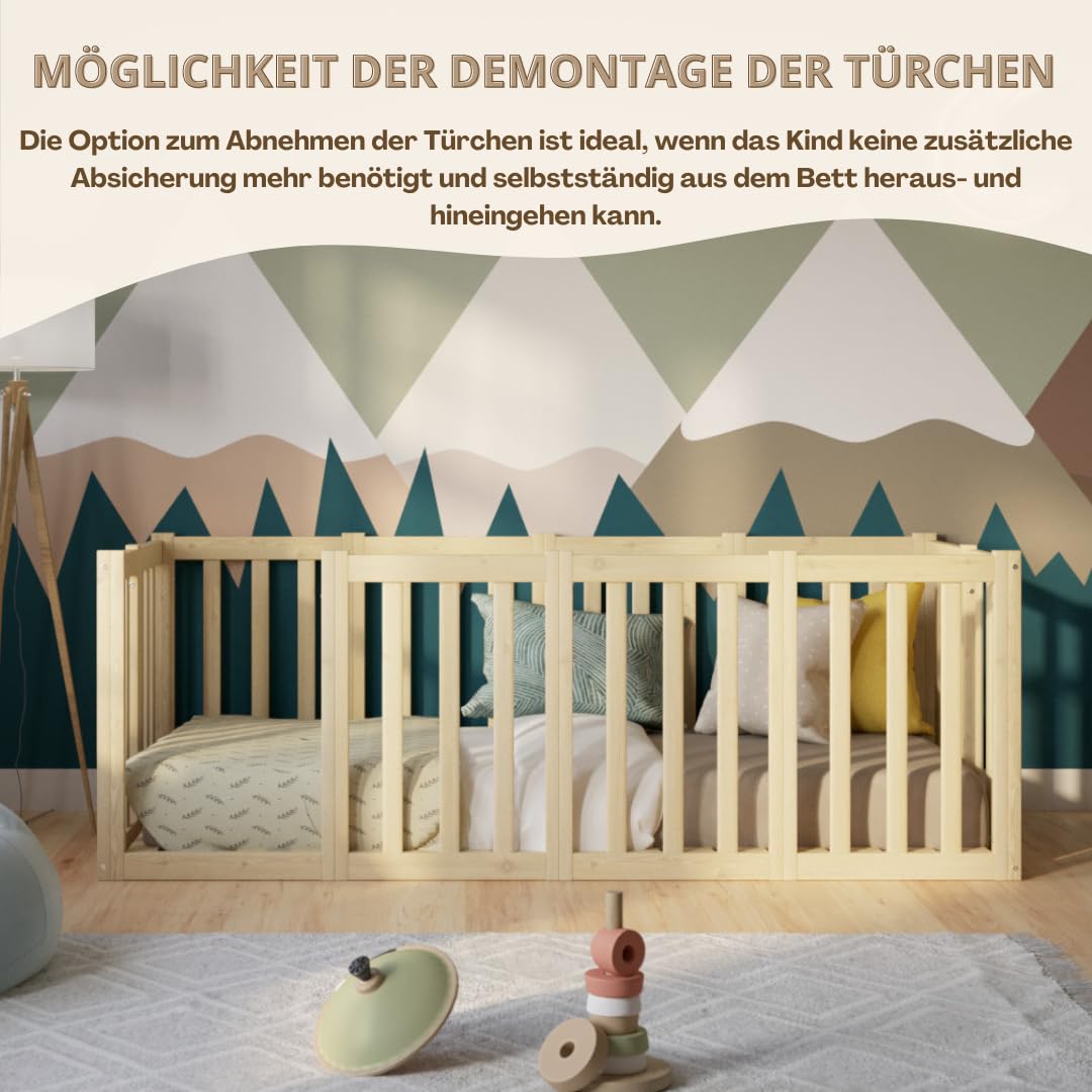 Kinderbett 140x200 cm – Montessori Bodenbett mit Hohem Rausfallschutz 73cm und Öffnbarer Barriere - Natürlichem Holz mit Glatter Oberfläche - Perfekt für Jungen und Mädchen Crazy John