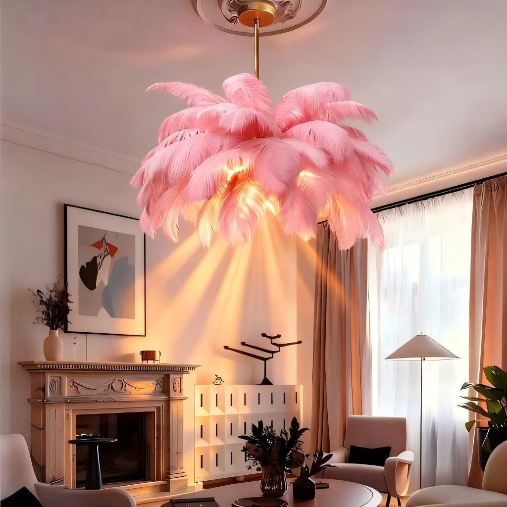 Lámpara Colgante de Pluma Rosa 100cm Natural Plumas Pantalla de lámpara 3 Temperatura de Color 6*G9 LED Foco, Pluma Luz de Techo Creatividad Decoración para Dormitorio Salón y Comedor
