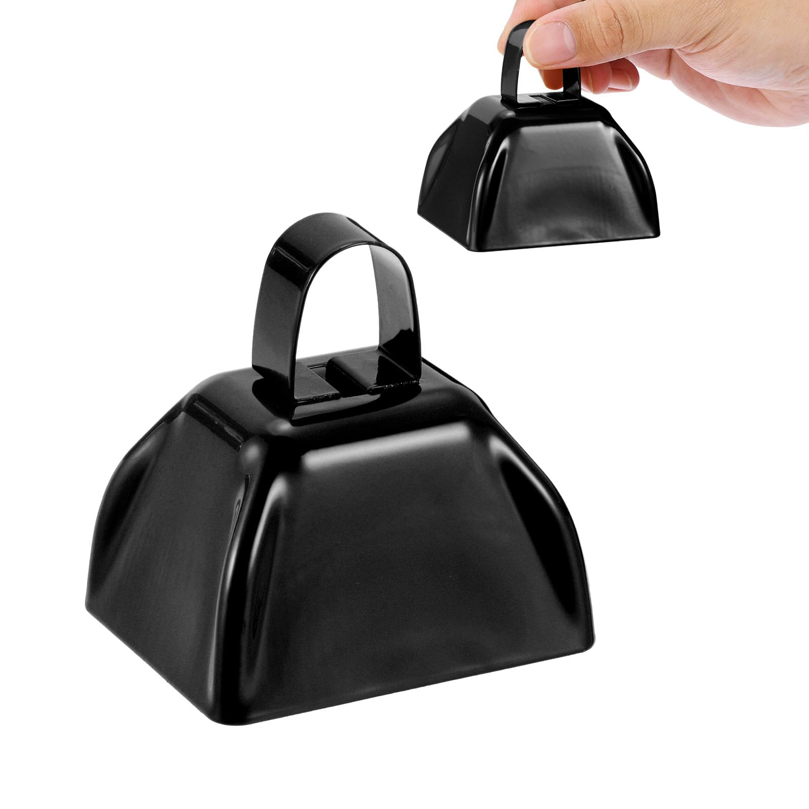 PATIKIL 2pcs Cow Bells for Football Games 3inch Cowbells for Sporting Events Bulk Loud Noise Makers Metal Cow Bell with Handle for Cheering Competition Marathon Wedding Black