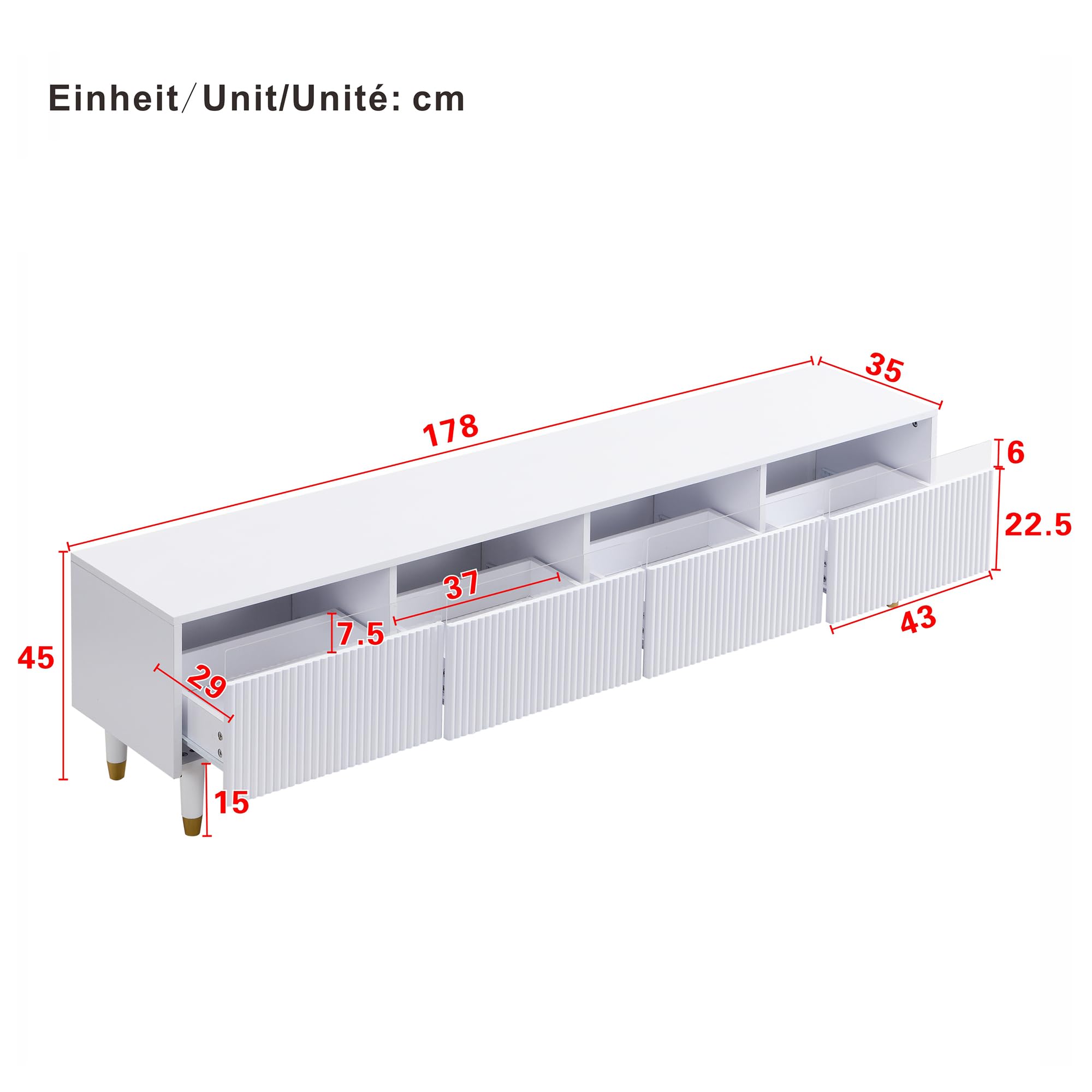 Merax TV-Schrank Lowboard TV-Möbel mit 4 Schubladen,178 x 35 x 45 cm MDF & Acryl, Kabelmanagement, stabil & stilvoll, minimalistisches Wohnzimmermöbel - weiß