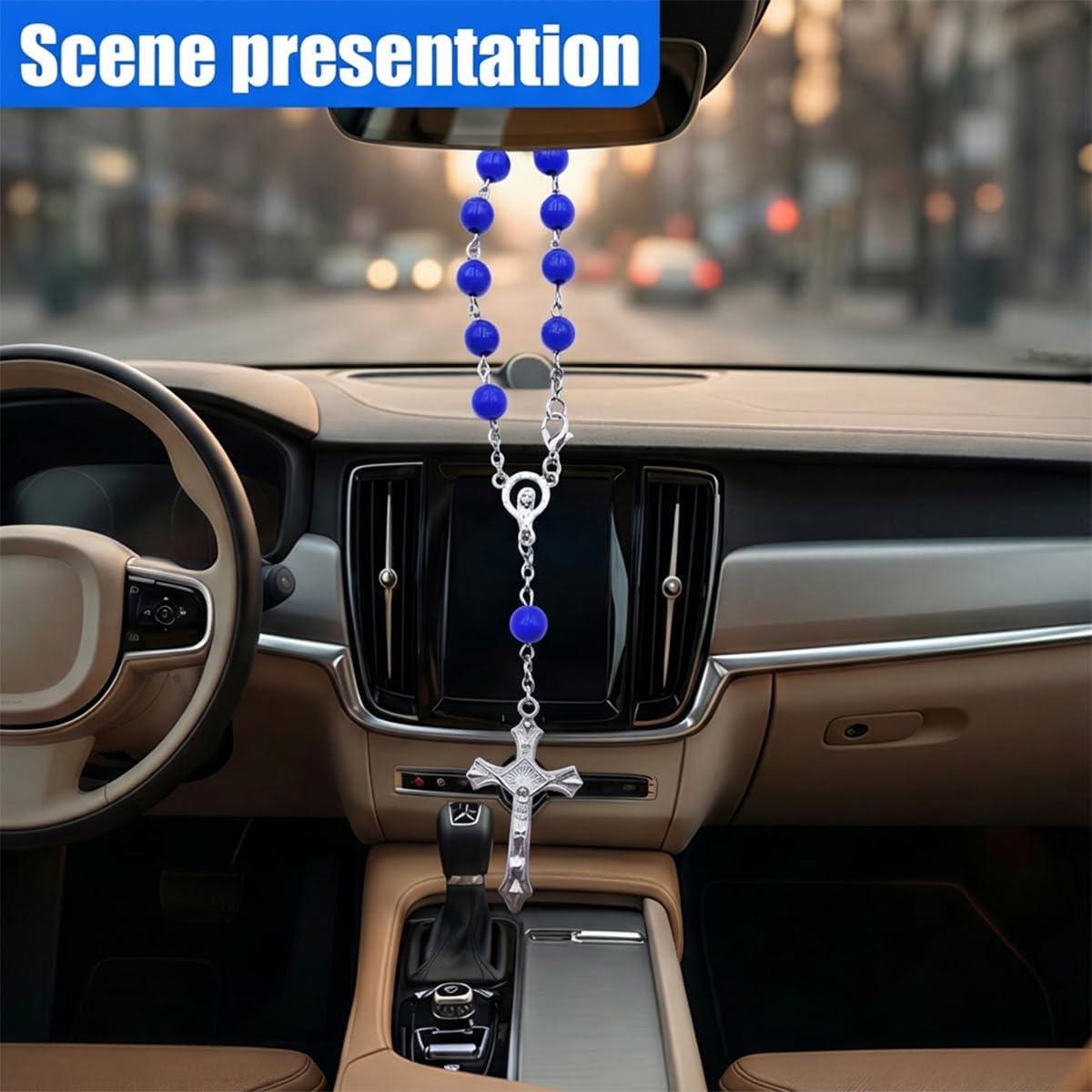 Car Rosary for Rearview Mirror, Blessing Beads Car Mirror Hanging Accessories, Cross Automotive Rear View Mirror Charm, Personalized Bead Decoration Ornament Present for Women Men (Blue) image 4