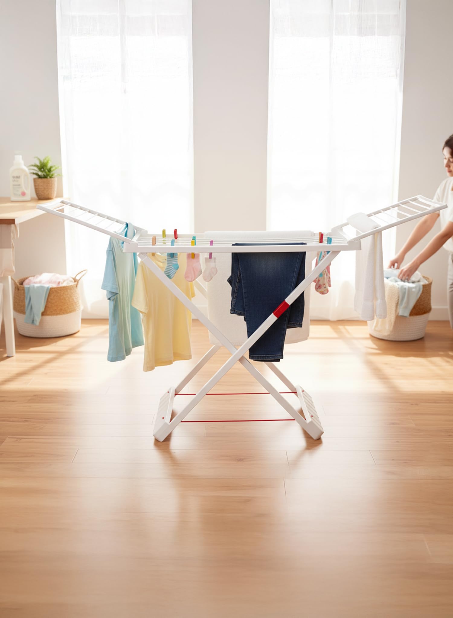 PlasticForte Tendedero Plegable y Extendible para Balcón, 20 m de Tendido con Pinzas, Gran Capacidad, Ligero y Resistente al Sol, Fácil de Transportar, Bloqueo de Seguridad, Blanco