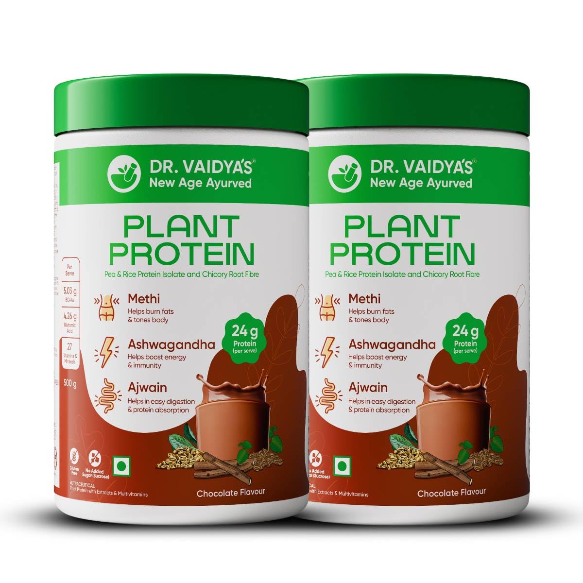 Dr. Vaidya's Plant Protein Powder | Gut Health | 80% Pea Protein | Methi, Ashwagandha, Ajwain | Gluten Free | No Added Sugar | Chocolate Flavour | (500g Each) Pack of 2-picture-21