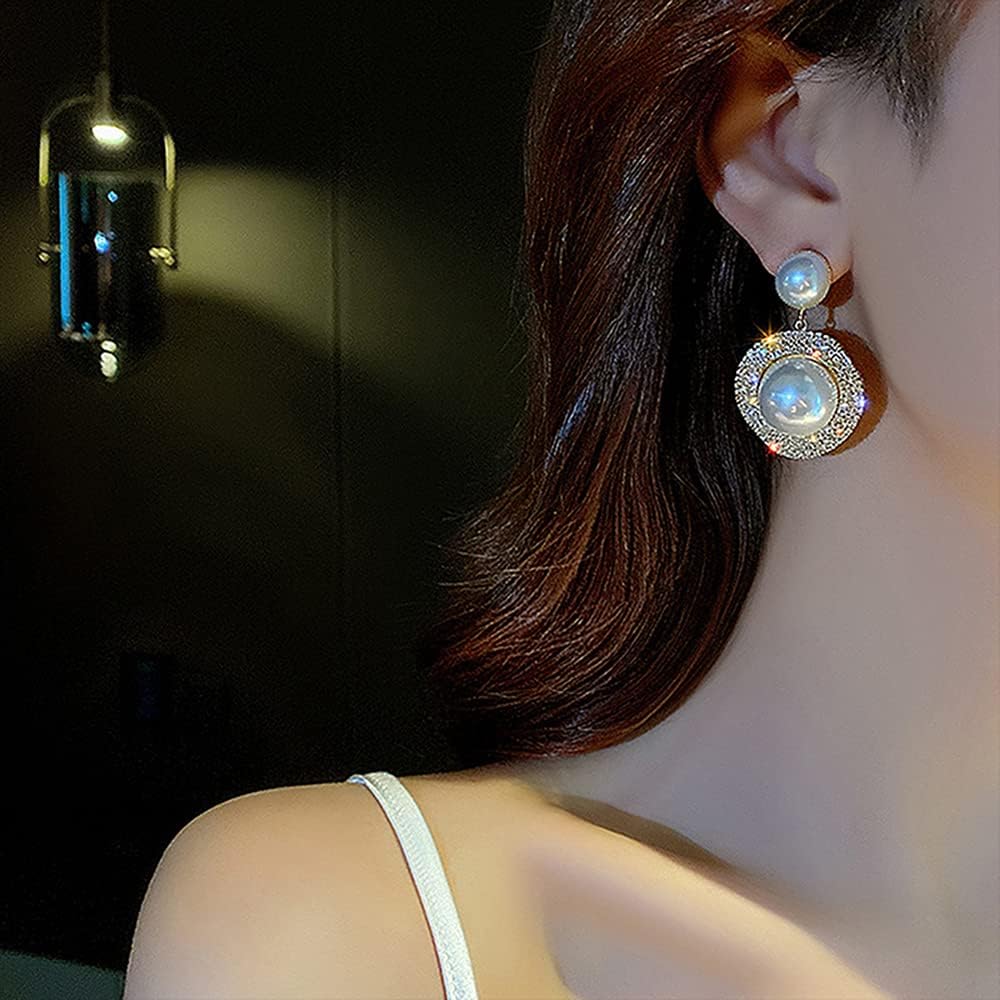 Wiwpar Pearl Rhinestone Circle Earrings - Dainty Round Shaped Pearl Dangle Drop Earrings for Women & Girls - Image 3