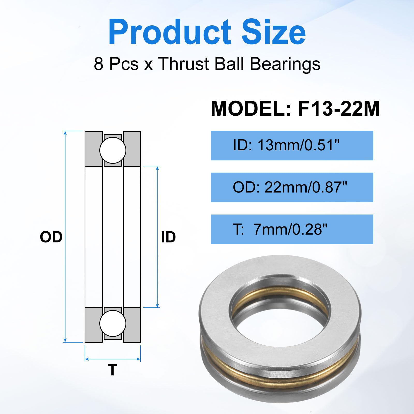 sourcing map Lot de 8 roulements à billes F13-22M, 13 mm x 22 mm x 7 mm, roulements de butée miniatures avec rondelles en acier chromé à sens unique pour systèmes de convoyeur, machines-outils