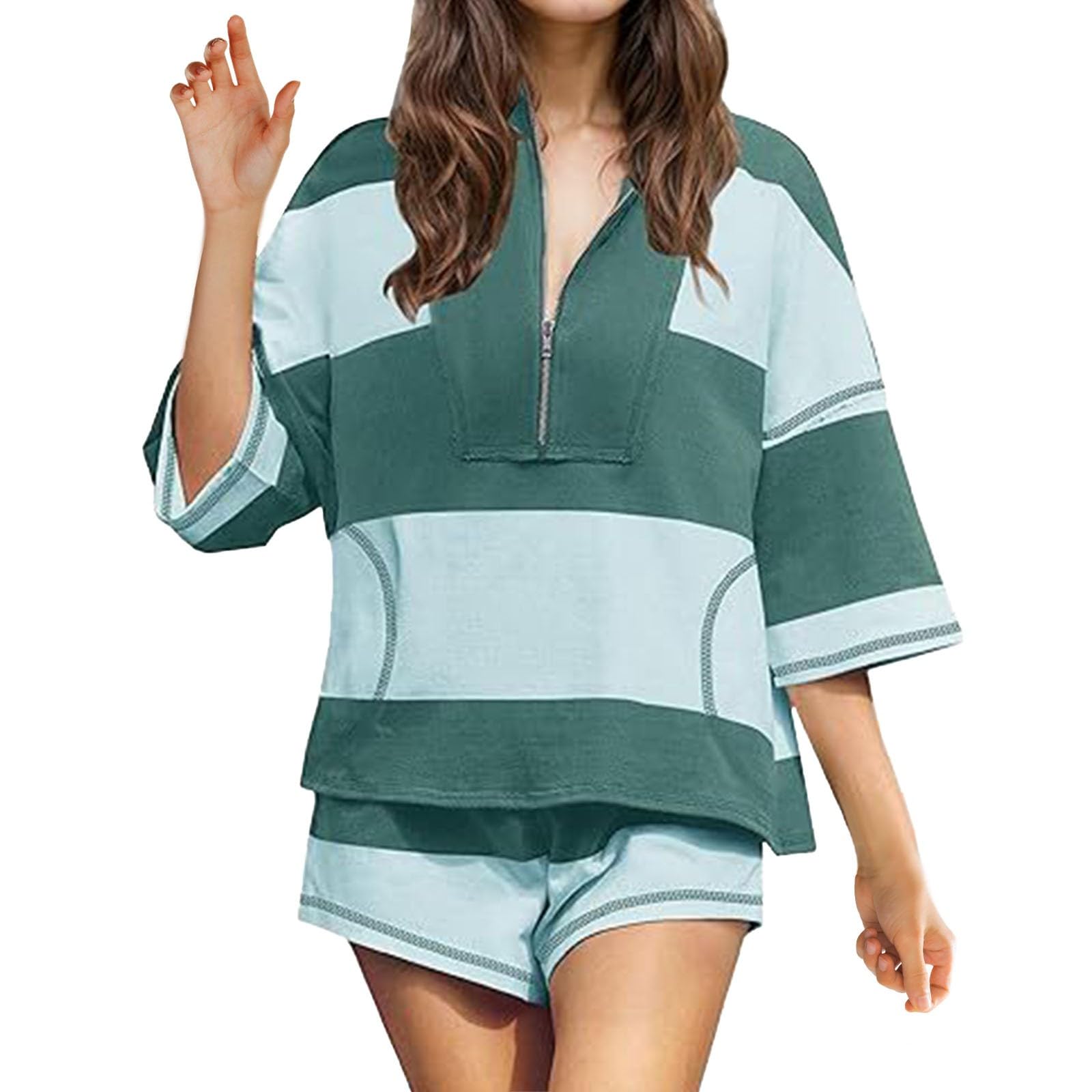 Ensemble éTé Femme, Tenue De Sport Femme Ensemble Deux PièCes D'éTé pour Tenue D'EntraîNement Short T-Shirt Rayé Surdimensionné et Short (Green S)
