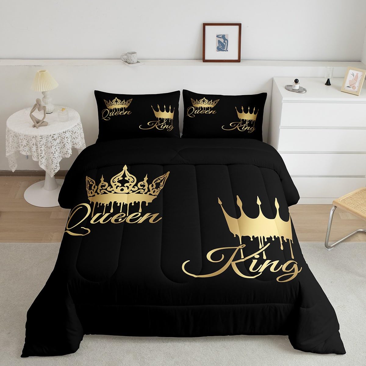 jejeloiu Queen King Bedding Set Crown Comforter Set for Kids Boys Girls Teens Room Decor Modern Comforter Queen Size Gold Grey Black Duvet Set 3Pcs