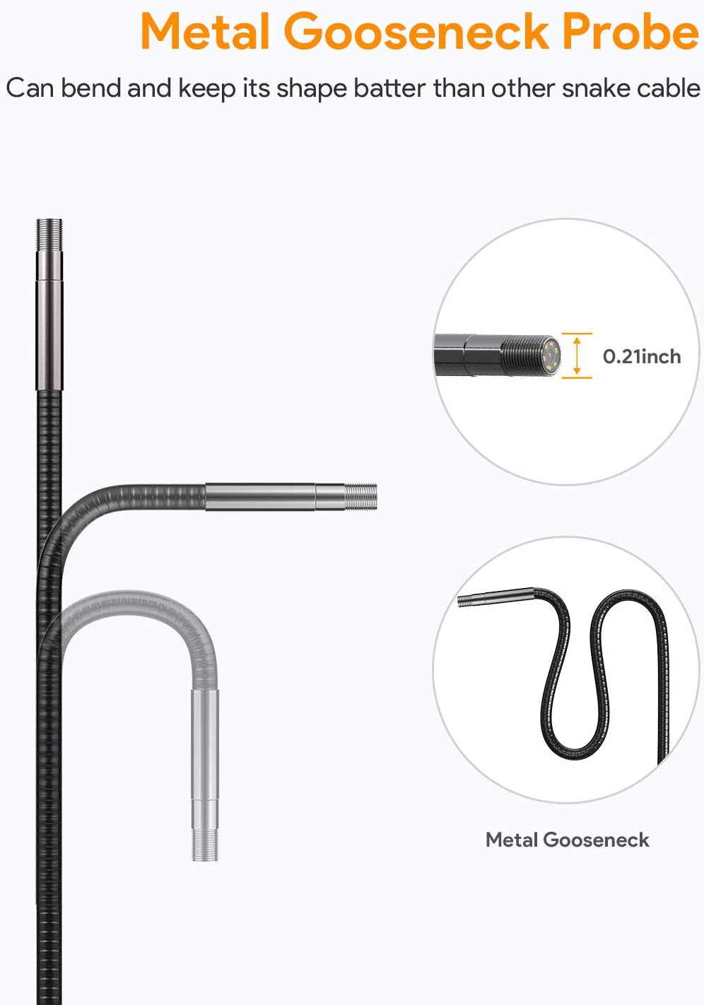 Close-up of the metal gooseneck probe, showing its flexibility and small diameter