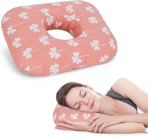 Ear Piercing Pillow for Side Sleeper with Hole for Relief Ears Pain CNH Piercing Pain Sleeping Pressure Sore, Comfortable Support Ear Guard Pillow to a Restful Sleep, Pink Leaf