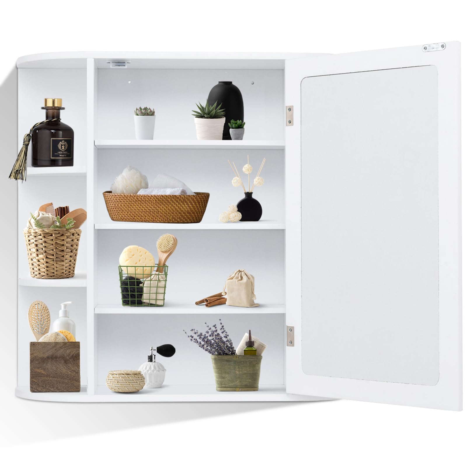 COSTWAY Mobile da Bagno 66 x 17 x 63cm, Armadietto da parete con Specchio, Ante e Mensola Regolabile, Armadietto Moderno e Multiuso, Bianco