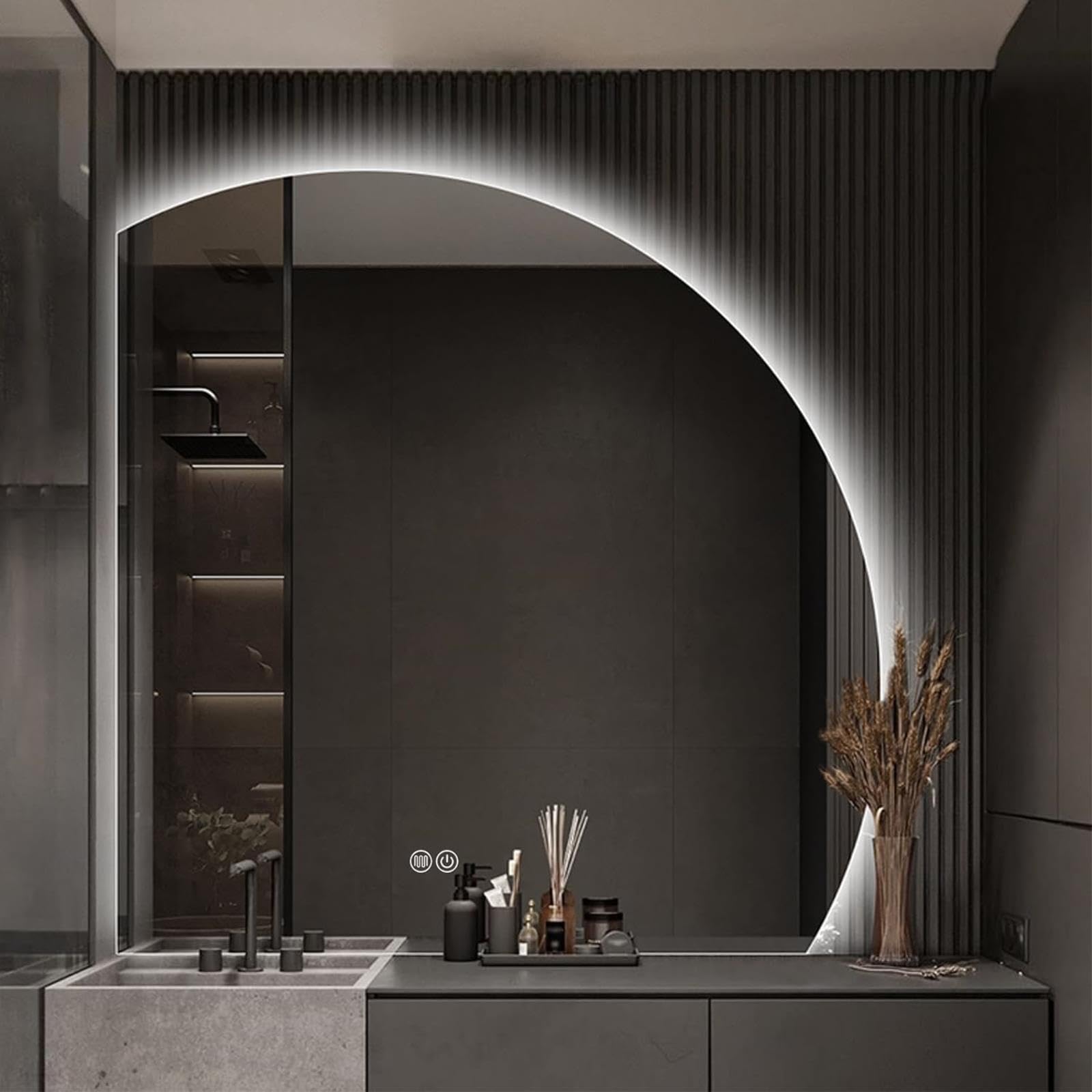 WQZzjm LED Bathroom Mirror, 60x60 cm Smart Touch Vanity Mirror with Dimmable 3 Color Lighting, HalfCircle Design, Retro Illuminated Wall Mirror for Makeup (50L x 50W cm)
