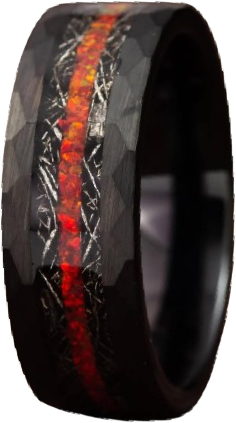 Gentlemen's Bands Premium Black Tungsten Hammered Wedding Band with Red Fire Opal & Meteorite | Wedding Ring Is Ideal Gift | Package Includes Silicon Band, Walnut Ring Box, Leather Pouch